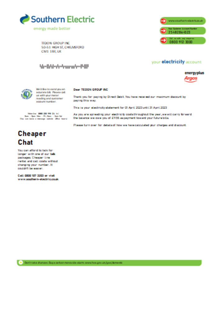 Southern Electric proof of address utility business bill, SCR PSD template